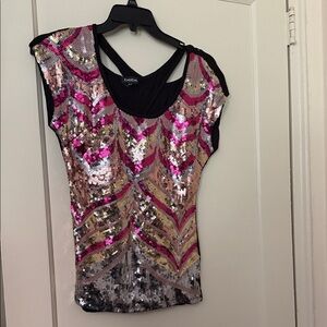 Bebe Pink and Gold Sequin Women's Blouse size: S